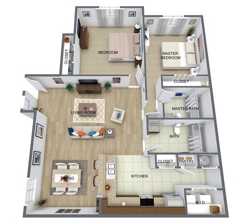 Floor plan for 2 beds, 2 baths, 1087 sqft
